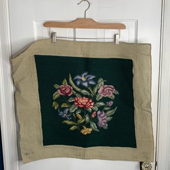 Victorian Floral Rose Lilly Handmade Vintage Needlepoint 18” Square Tapestry - Picture 2 of 10
